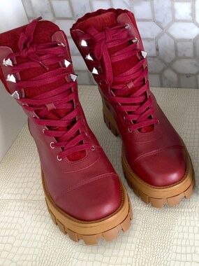 Schutz WOMANS Leather Lace Up Hiker Boots-Sutton-Red Brown-7B-NIB